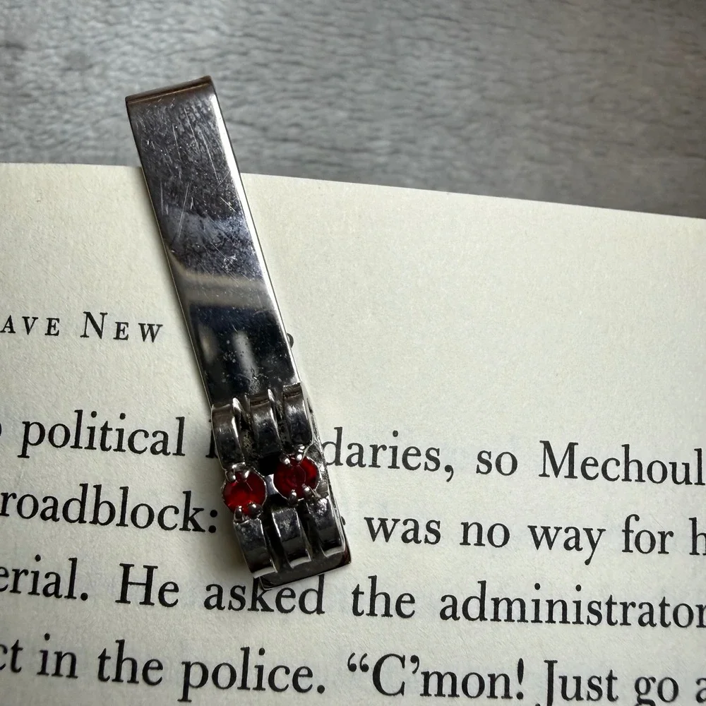 Vintage Silver Tone Tie Bar Money Clip Red Garnet‎ Style Stones 2